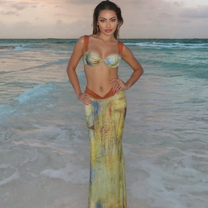Abstract print bikini top and matching long beach skirt with contrast orange waist
