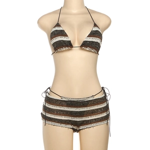 Detail showing the frayed edges and textured striped knit fabric of the bikini set