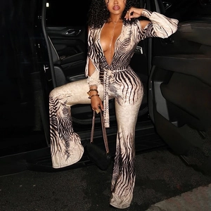 Women Sexy Zebra Print Deep V Neck Cold Shoulder Jumpsuit High Waist Flare Leg Long Sleeve One Piece Bodysuit Romper Khaki