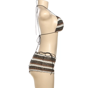 Detail showing the textured stripe knit fabric and side tie design of the bikini set
