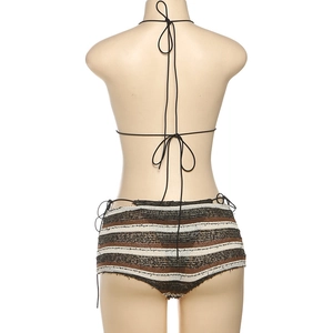 Detail of bohemian striped knit bikini set showing tie-back closure and texture