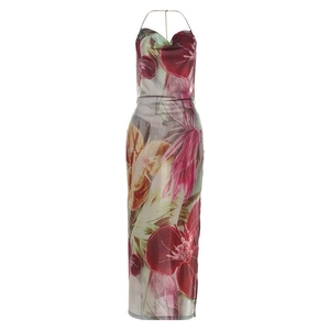 Robe longue fleurie dos nu à licou de style français avec taille haute et fente latérale