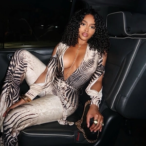 Zebra print off-shoulder jumpsuit with deep V-neck and stylish cut-out sleeves for women
