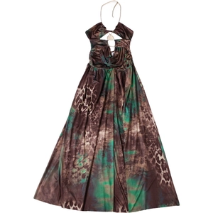 Detail of halter neck chain with animal print cutout on satin maxi dress
