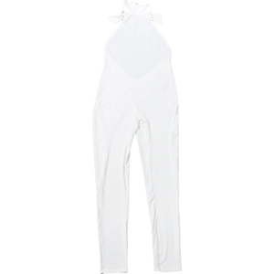 Detailed view of white backless halter neck jumpsuit with slim fit and flared leg design