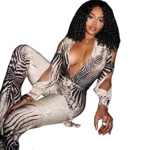 Sexy zebra print off-shoulder jumpsuit with deep V-neck and drawstring waist details