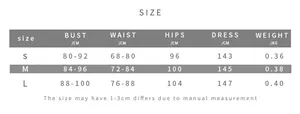 Size chart for women's mesh split dress showing bust waist hips and length measurements