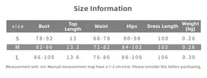 Size chart for women's lace tube top and long skirt set showing S, M, L measurements