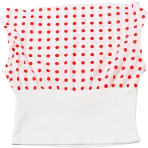 Detailed view of women's summer top featuring red polka dots and ruched white fabric design