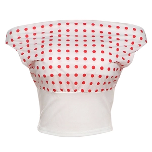 Detail of red polka dot off-shoulder top with white slim-fit cropped hemline