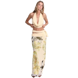 Three-piece floral print maxi skirt set with halter neck backless crop top in yellow