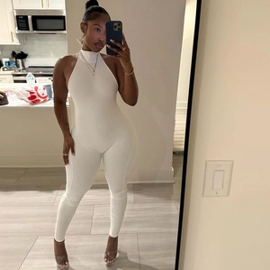 Sexy white backless halter neck slim fit jumpsuit with textured high-stretch fabric