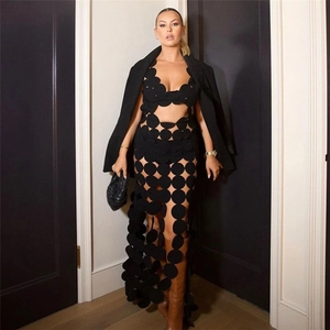 Sexy black hollowed-out maxi dress with cutout dot design and high waist for party wear
