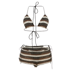 Three-piece striped crochet bikini set with halter top and side-tie shorts in brown tones