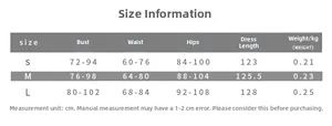 Size information chart for bodycon tube dress including bust, waist, hips, and length