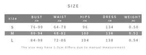 Size chart for off-shoulder bodycon dress with S, M, L measurements in CM