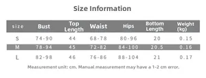 Detailed size chart for halter top and high-waisted shorts set with S, M, L measurements