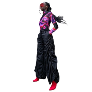 Women's black high waist oversized wide leg trousers with ruched drawstring details