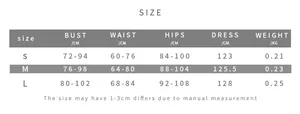 Detailed size chart for the strapless bodycon dress with bust waist and hip measurements