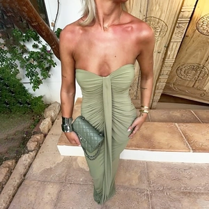 Detail of sage green bodycon tube dress with ruching and central draped ribbon accent