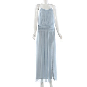 Detailed view of light blue mesh dress with layered pleated waist and high side slit