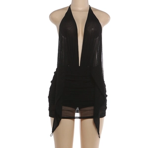 Detail of sheer black mesh mini dress featuring a deep V-neck and ruched texture