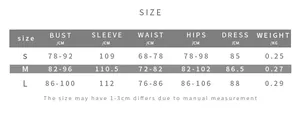 Detailed size chart for sexy V-neck backless mini dress with S, M, L measurements