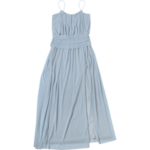 Detail of light blue mesh camisole dress featuring gathered bust and high slit hemline
