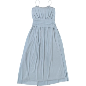Detail view of light blue mesh maxi dress featuring delicate straps and elegant pleats