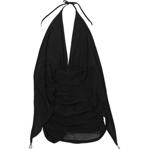 Detail of black halter dress featuring deep V-neckline and ruched texture for slim fit