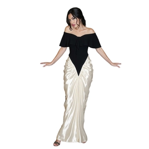 Elegant off-shoulder evening dress with black top and champagne pleated satin skirt