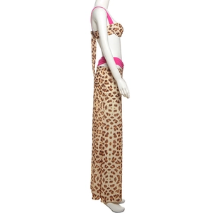 Detail of leopard print bikini and matching split skirt with pink contrast straps