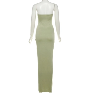 Back view of a sage green tube dress featuring a slim fit and an ankle-length hemline