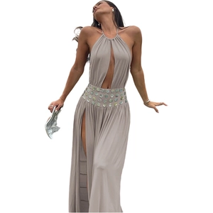 Chic coffee brown halter maxi dress with cut-out front and high side slit detail