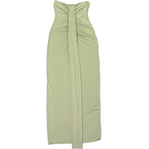 Detailed view of the gathered bust and long decorative sash on this green tube dress