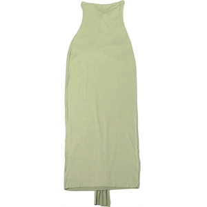 Detailed view of the sage green knitted fabric and sleeveless turtleneck design on dress