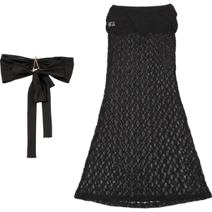 Detail of black lace maxi skirt set with metallic triangle ring and ribbon ties