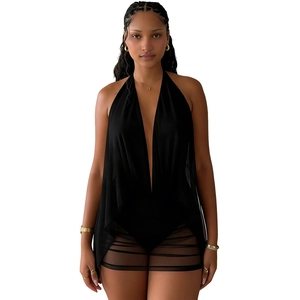 Sexy black deep V-neck halter dress with striped mesh hem and backless design