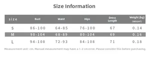 Size chart for backless slim-fit mini dress with bust, waist, and hip measurements