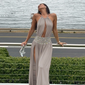Sexy Deep V Halter Backless Maxi Dress For Women High Slit Hollow Out Waist Sequin Decoration Sleeveless Party Vacation Dress