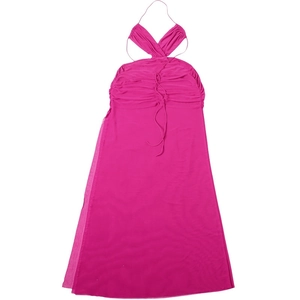 Detail view of ruched V-neckline and mesh drawstring on fuchsia backless halter dress