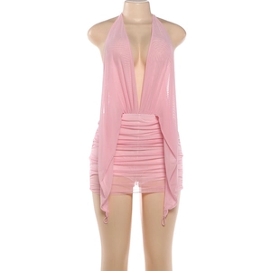 Detail of pink halter neck dress with deep V-neckline and sheer ruched mesh fabric