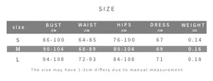 Detailed size chart for backless slim fit mini dress showing S, M, L measurements in cm