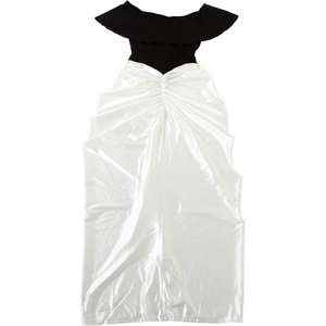 Detail of off-shoulder ruffled neckline and pleated waist of the contrast maxi dress
