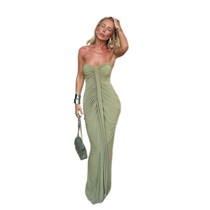 Elegant olive green strapless maxi dress with slimming pleated details and bodycon fit