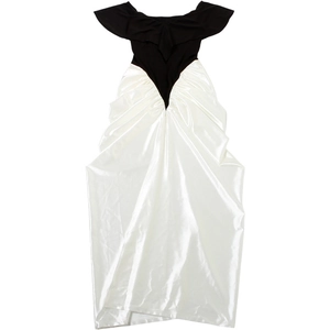 Detail view of contrast off-shoulder bodice and satin pleated maxi skirt in monochrome