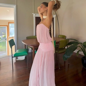 Pink mesh slip maxi dress with slim straps, gathered waist and high slit design