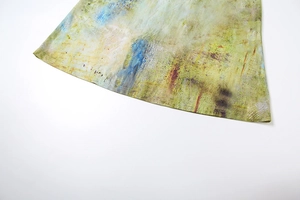 Macro detail of the abstract oil painting print on breathable cotton blend fabric