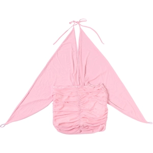 Detail of pink deep V-neck halter dress featuring ruched fabric and asymmetric hemline