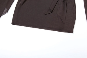 Detail of dark brown sheer mesh sleeves and waist tie design on sexy mini dress